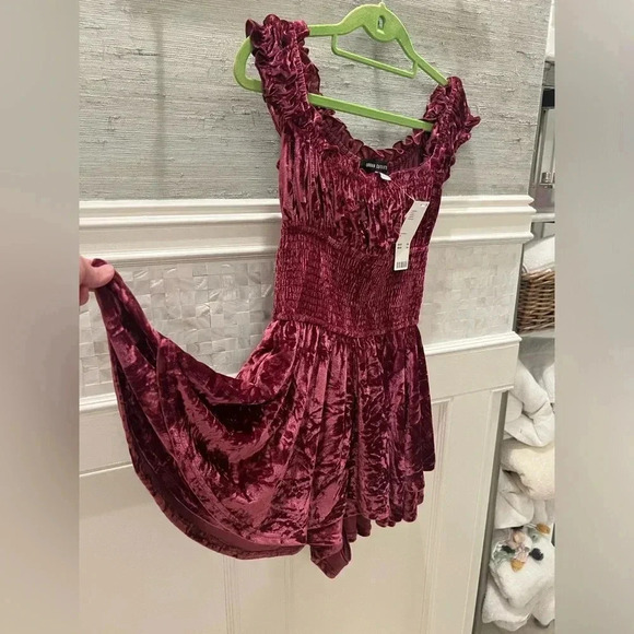 NWT new Urban Outfitters velvet romper SMALL red wine ruffle strap smocked dress - Picture 10 of 17